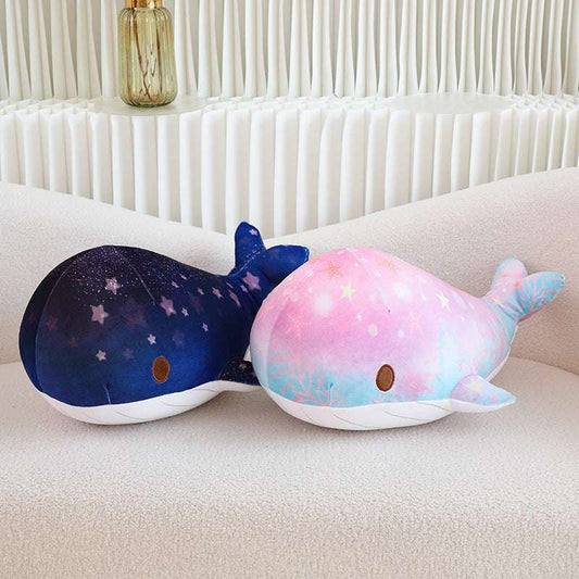 Large whale plush pillow with starry sky design