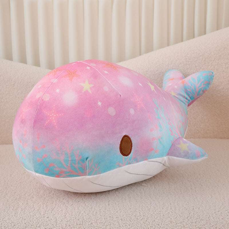 Large pink whale plush pillow with starry sky design