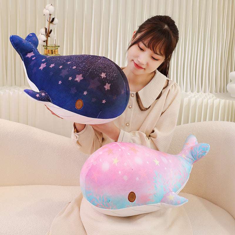 Large whale plush pillow with starry sky design