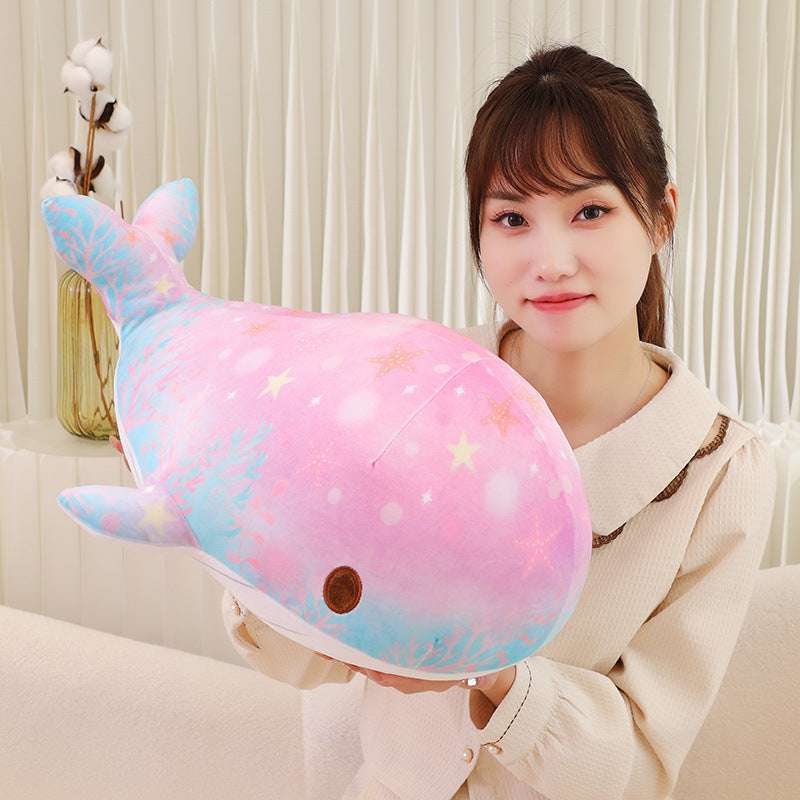 Large whale plush pillow with starry sky design