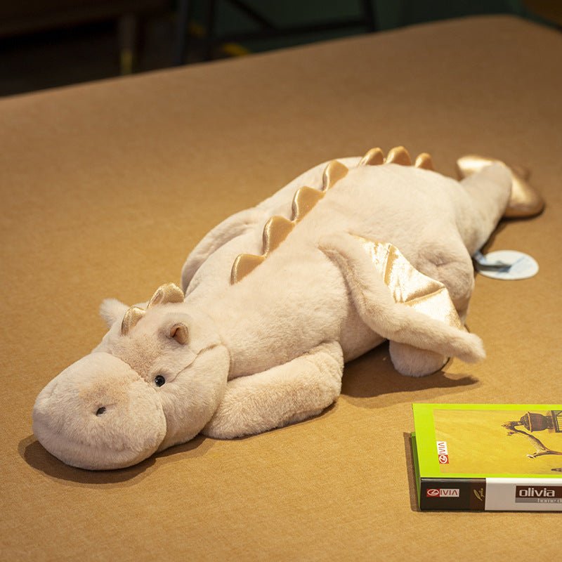 Large dinosaur plush toy in a lying dragon design