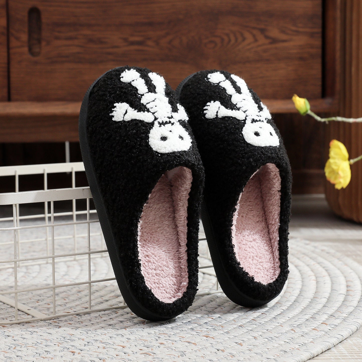 Halloween Skull Embroidery Cotton Slippers