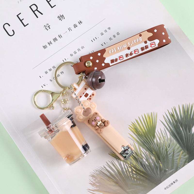 Crystal Milk Tea Cup Leather Rope Key Chain Ring Cartoon Hair Ball