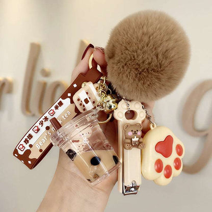 Crystal Milk Tea Cup Leather Rope Key Chain Ring Cartoon Hair Ball