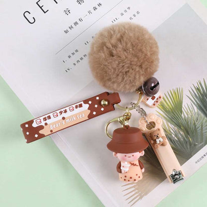 Crystal Milk Tea Cup Leather Rope Key Chain Ring Cartoon Hair Ball