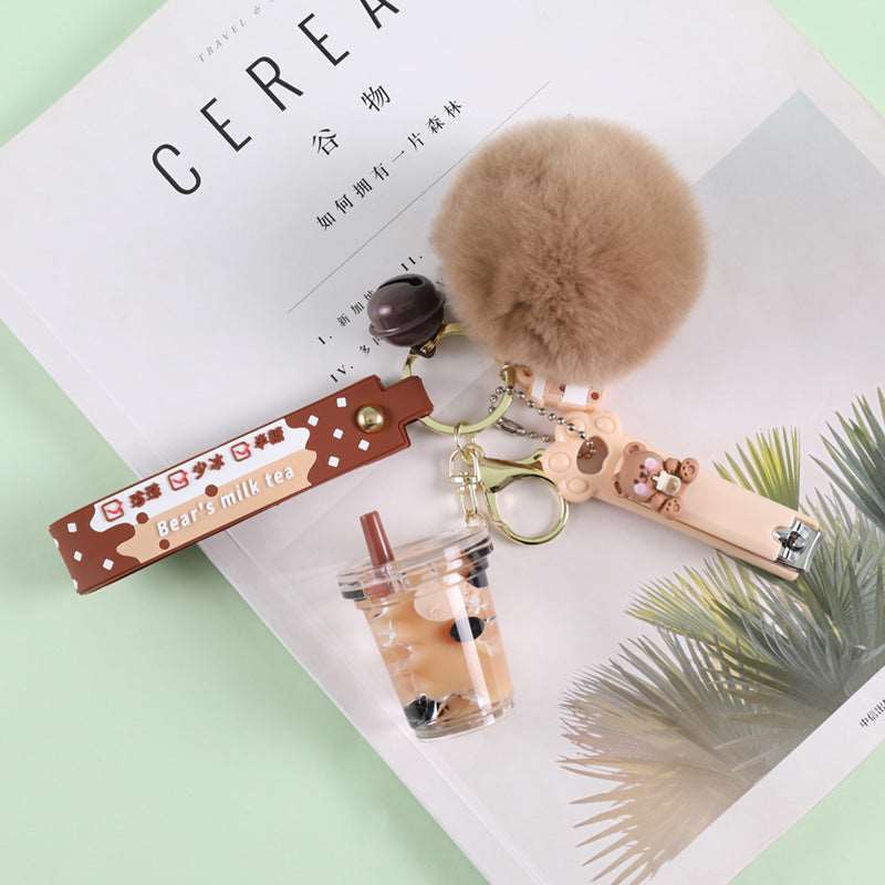 Crystal Milk Tea Cup Leather Rope Key Chain Ring Cartoon Hair Ball