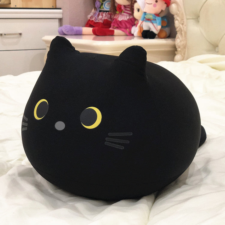 Black chubby cat plush pillow with yellow eyes