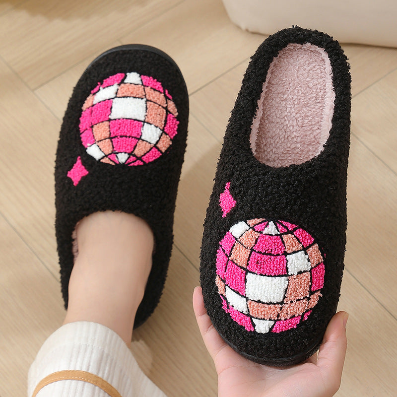 Black slippers with pink and white disco ball

