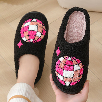Black slippers with pink and white disco ball
