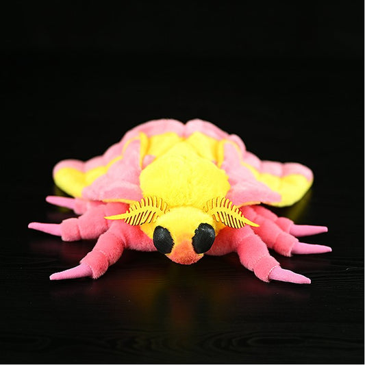 Rosy maple moth plush toy with soft wings and lifelike insect design in pink and yellow colours