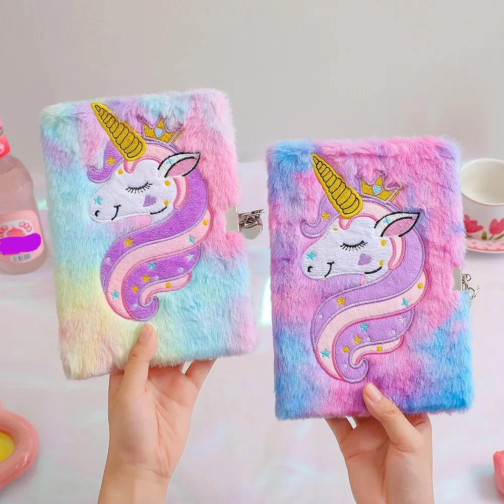 Unicorn Cartoon Lockable Plush Notebook