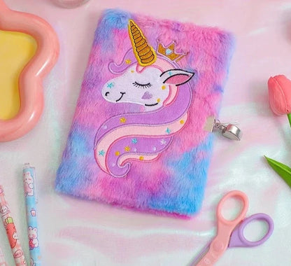Unicorn Cartoon Lockable Plush Notebook