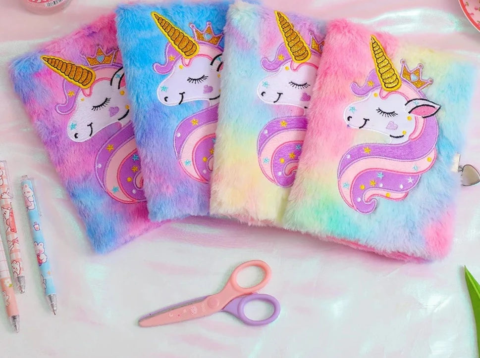 Unicorn Cartoon Lockable Plush Notebook