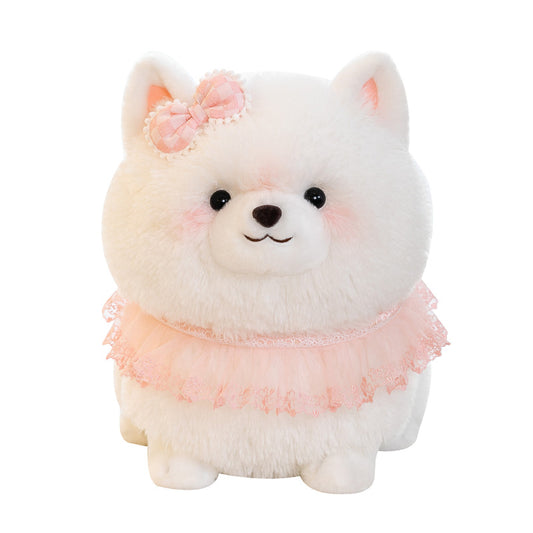 White Pomeranian stuffed animal plush toy with pink ruffle collar in various sizes, cuddly and cute for children or adults.