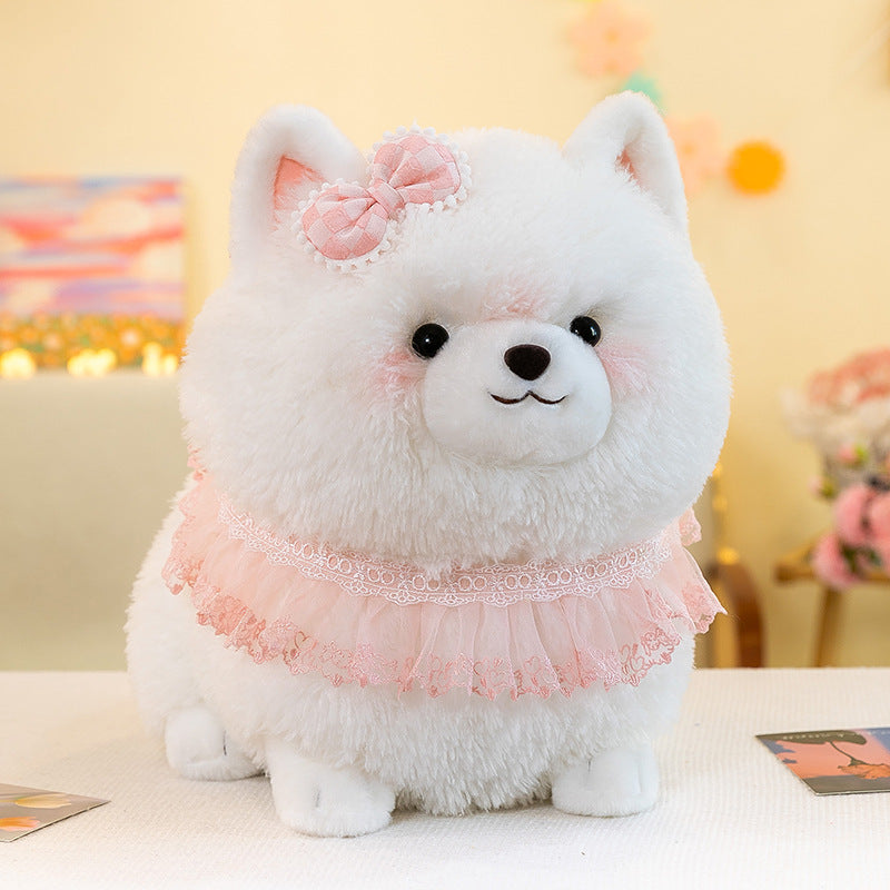 White Pomeranian stuffed animal plush toy with pink ruffle collar in various sizes, cuddly and cute for children or adults.
