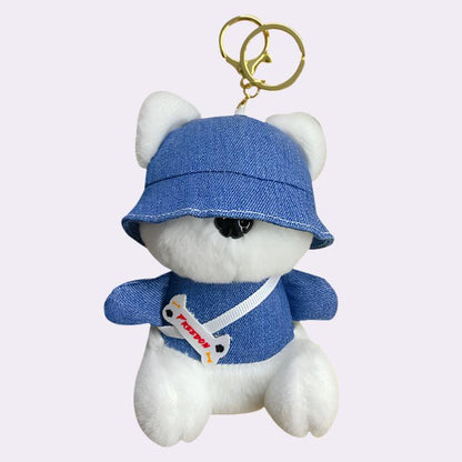 plush dog keychain with blue hat