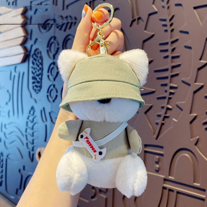 plush dog keychain with beige hat