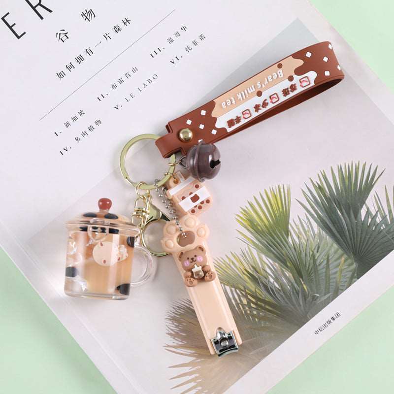 Crystal Milk Tea Cup Leather Rope Key Chain Ring Cartoon Hair Ball