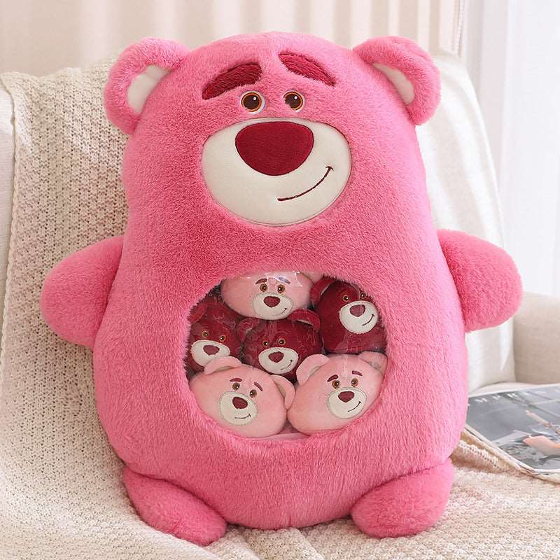 Animal plushie bag with six matching mini stuffed animals