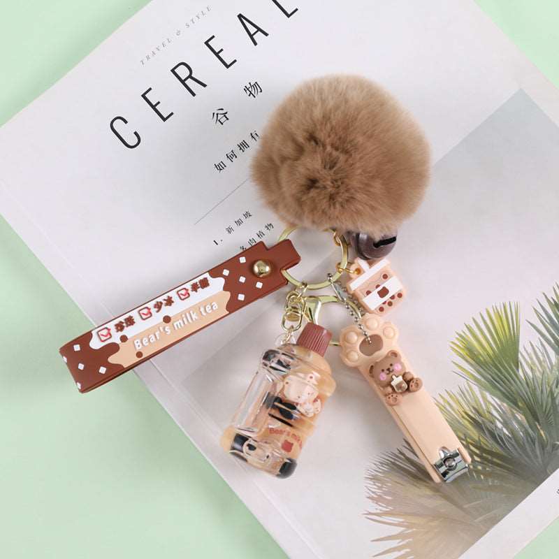 Crystal Milk Tea Cup Leather Rope Key Chain Ring Cartoon Hair Ball