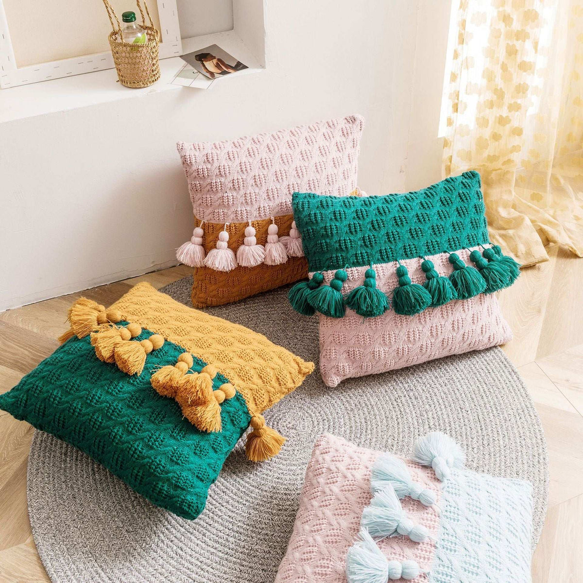 Braided tassel cushion 45x45cm in four colourways