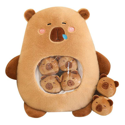 Brown capybara plushie bag with matching mini capybara toys