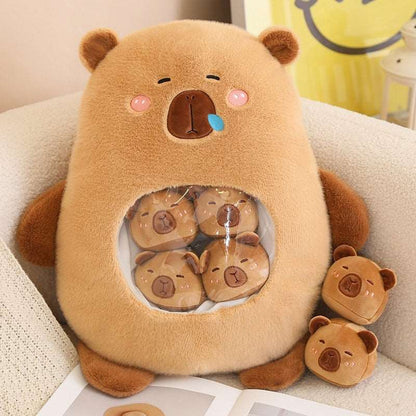 Brown capybara plushie bag with mini capybara toys