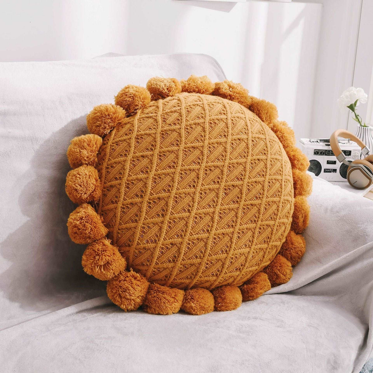 Brown round knitted ball cushion 50cm