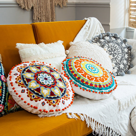 Moroccan Hand-embroidered Round Throw Pillow