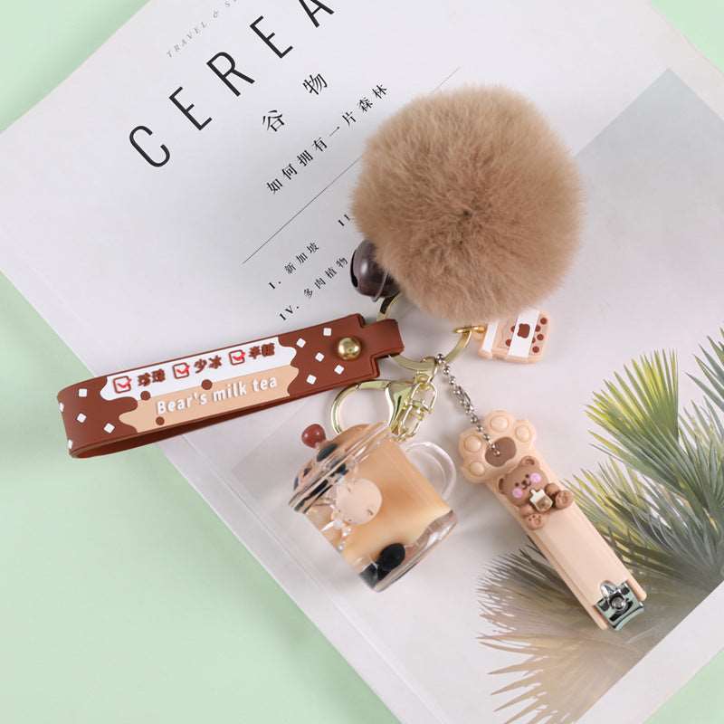 Crystal Milk Tea Cup Leather Rope Key Chain Ring Cartoon Hair Ball