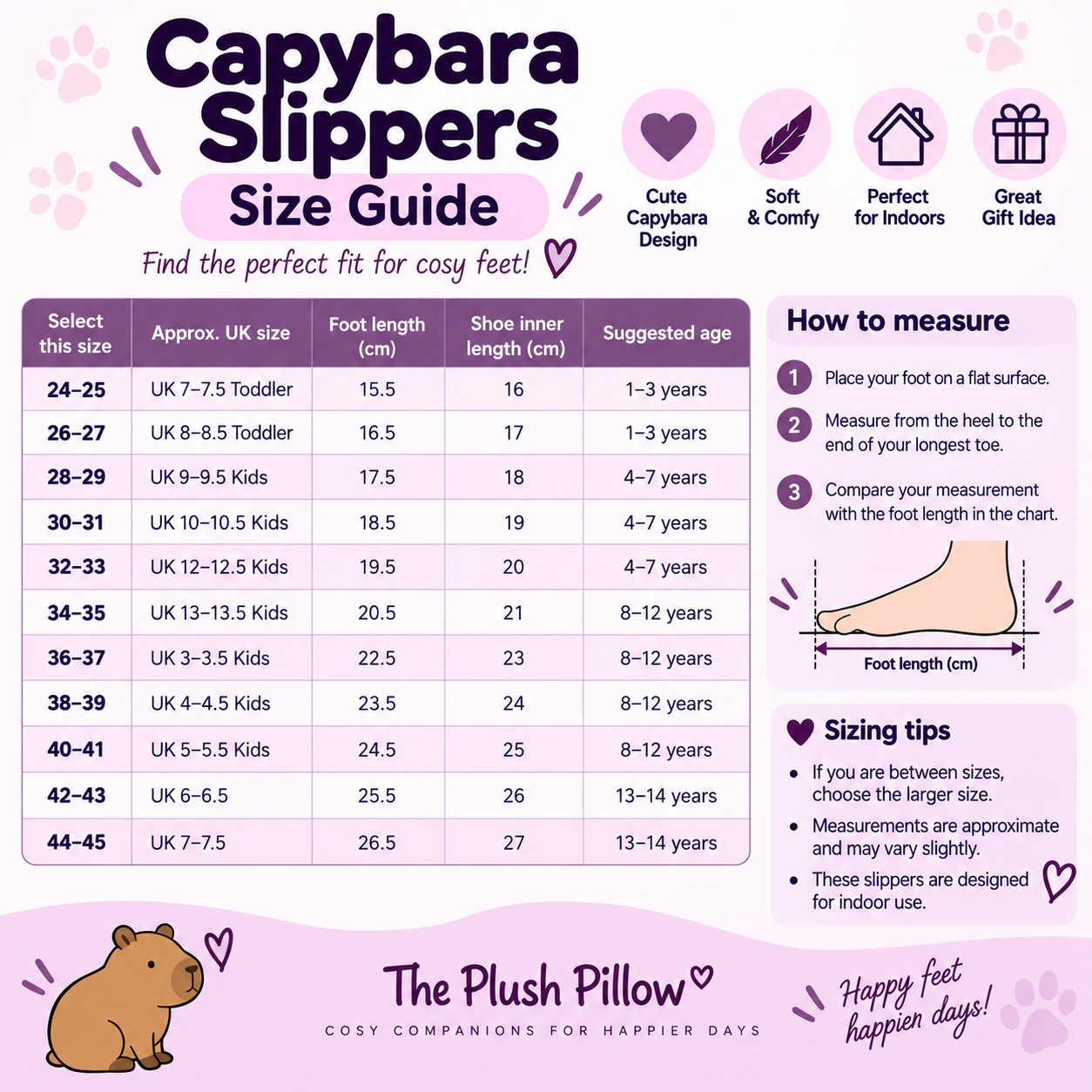 UK size guide for capybara indoor slippers for kids and teens