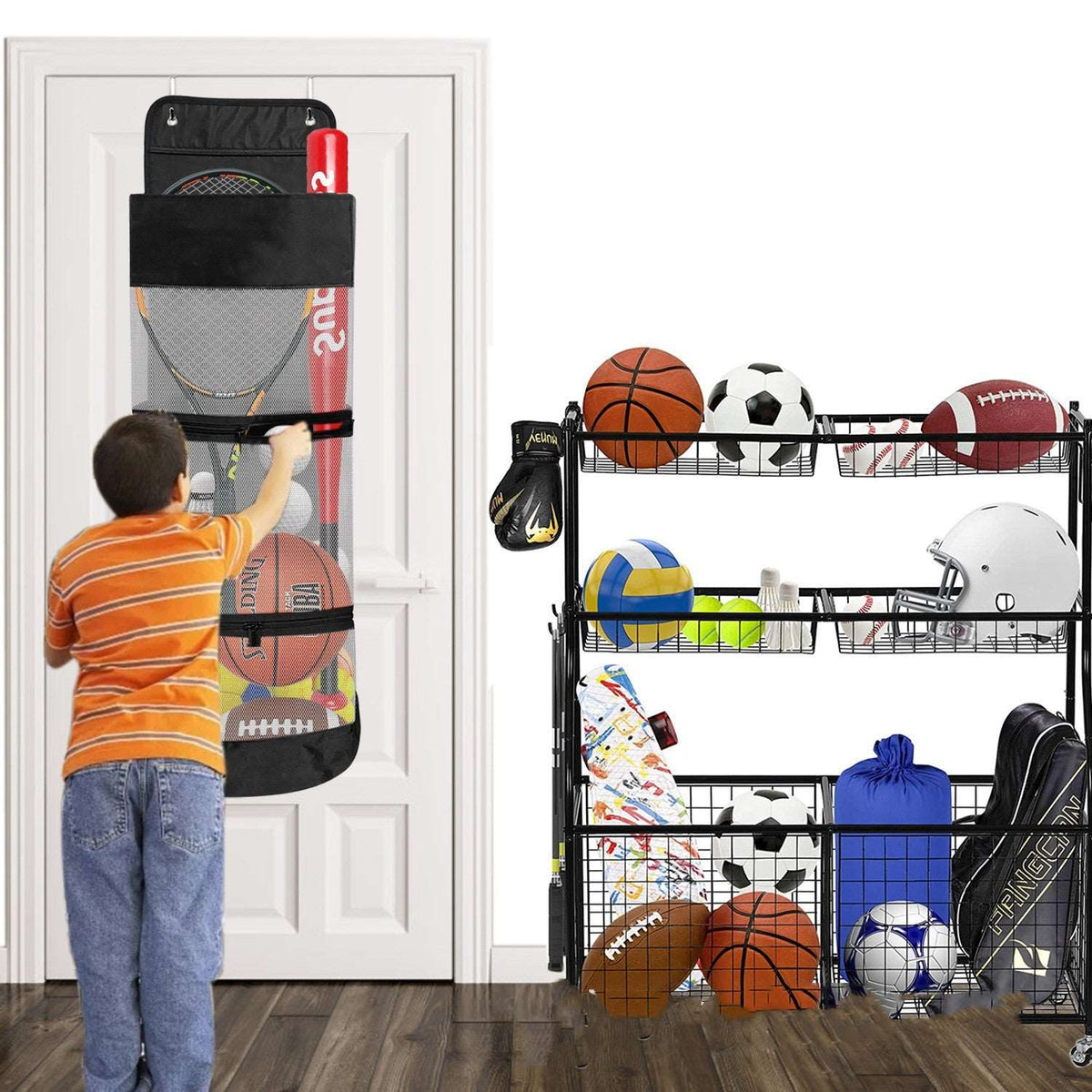 Door storage basket for toys and playroom items