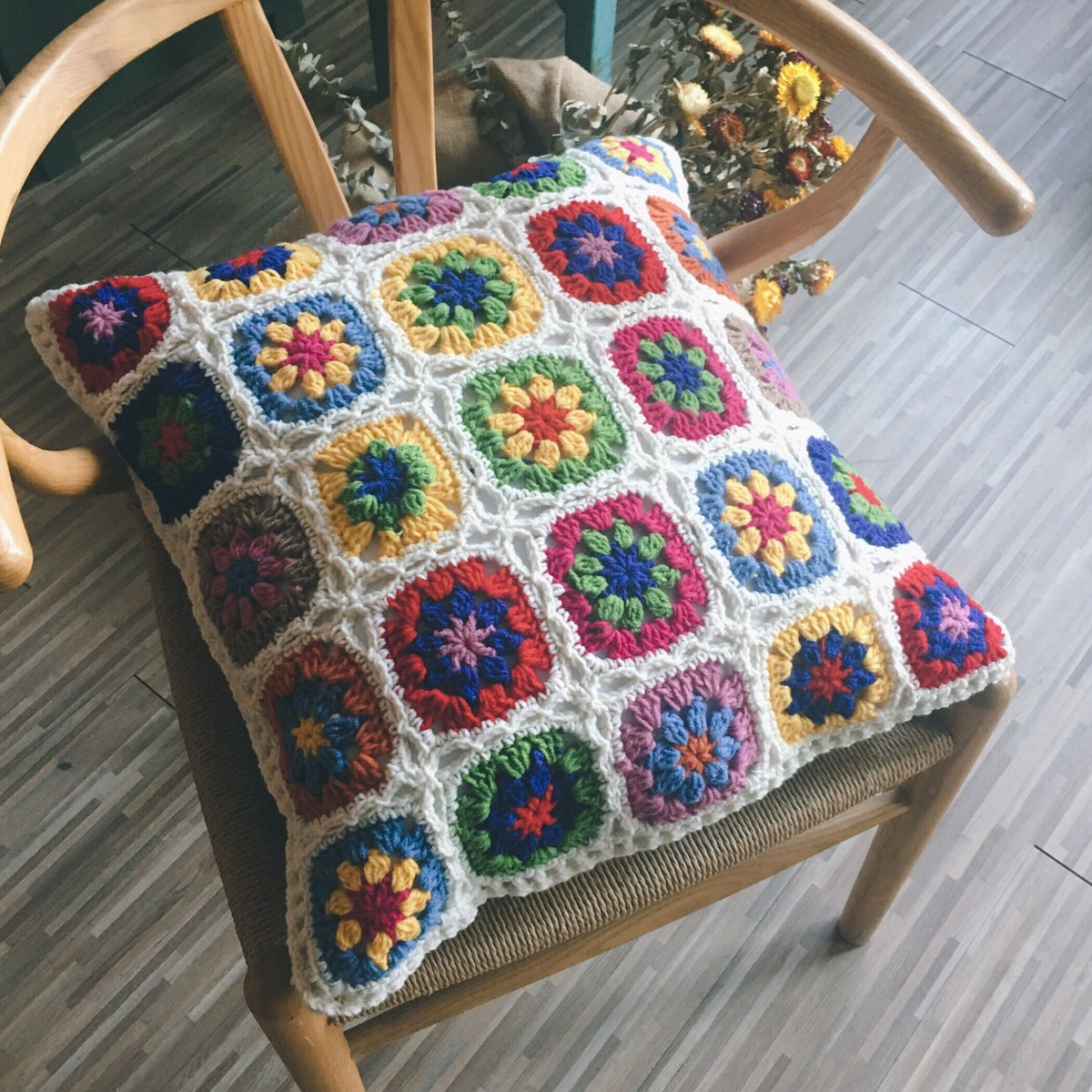 Crochet flower cushion decorative detail