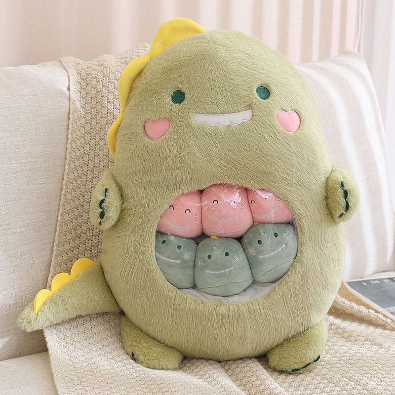 Dinosaur plushie bag with six matching mini dinosaur toys