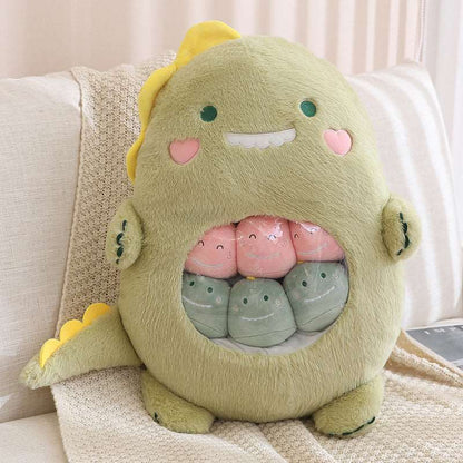 Dinosaur plushie bag with six matching mini dinosaur toys
