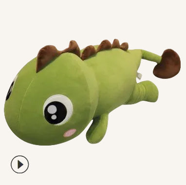 Green dinosaur plush toy on a white background