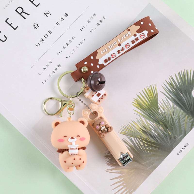 Crystal Milk Tea Cup Leather Rope Key Chain Ring Cartoon Hair Ball