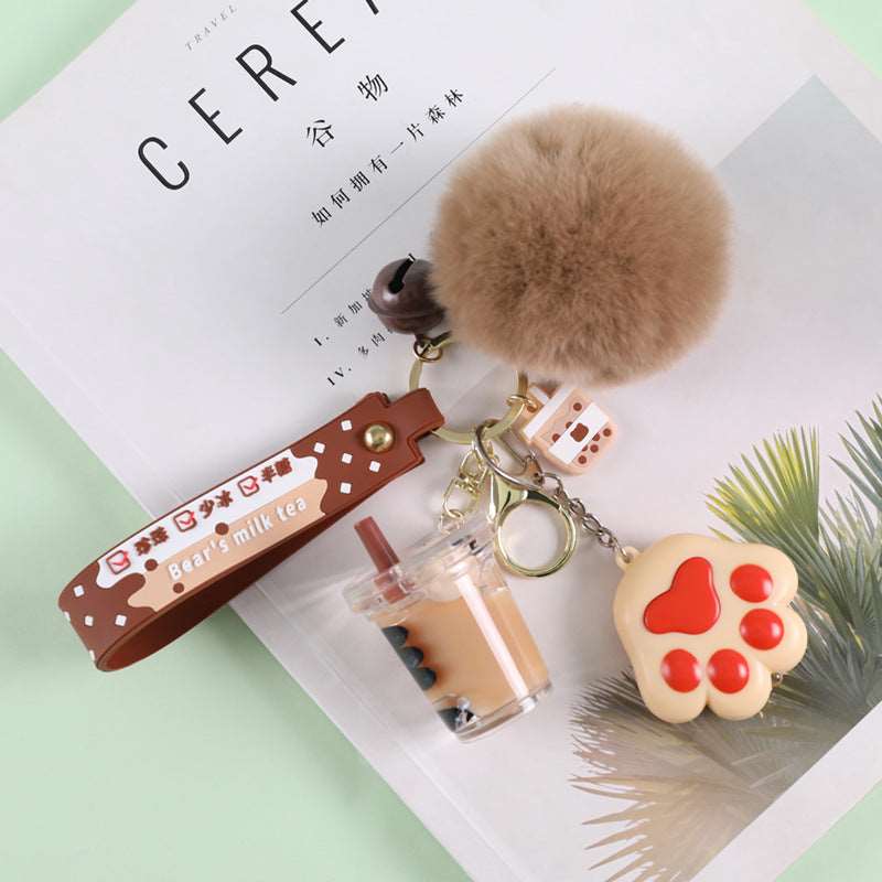 Crystal Milk Tea Cup Leather Rope Key Chain Ring Cartoon Hair Ball