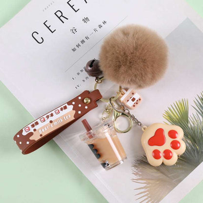 Crystal Milk Tea Cup Leather Rope Key Chain Ring Cartoon Hair Ball