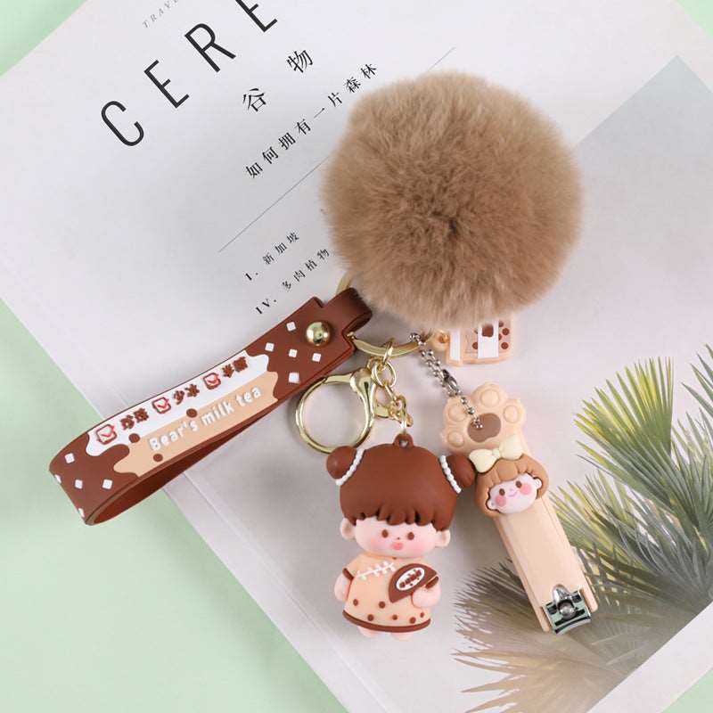 Crystal Milk Tea Cup Leather Rope Key Chain Ring Cartoon Hair Ball