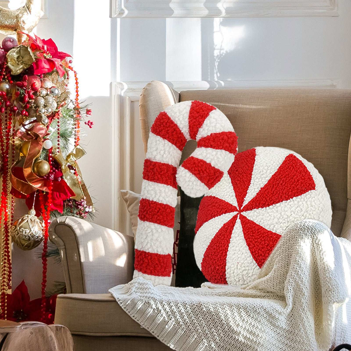 Festive red and white candy cane cushion