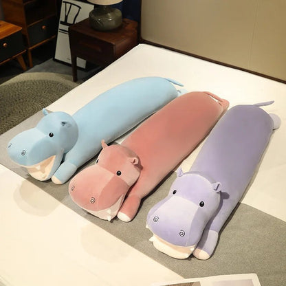 Giant hippo plush toy with long body pillow shape