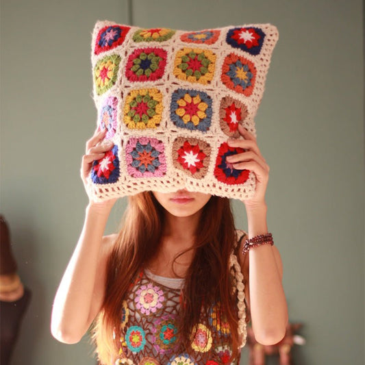 Granny-square inspired floral cushion in beige