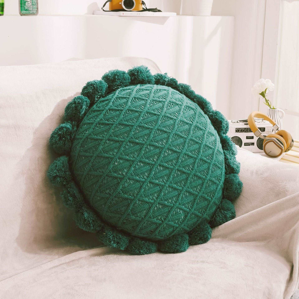 Green round knitted ball cushion 50cm