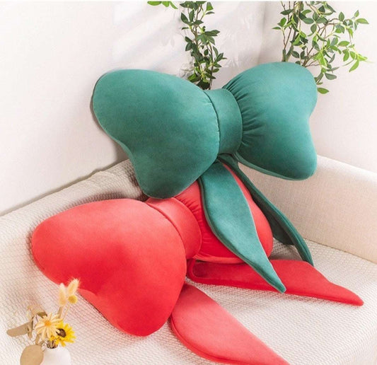 Large bow cushion 70x40cm in red and green