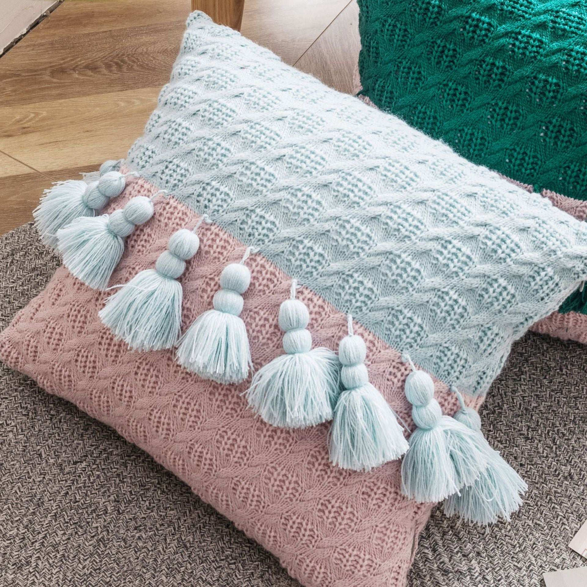 Light Blue and Pink braided tassel cushion