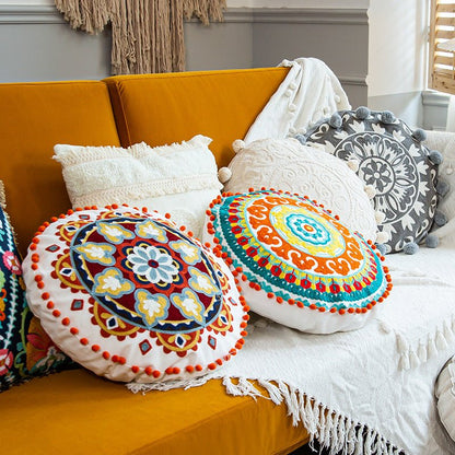 Moroccan Hand-embroidered Round Throw Pillow
