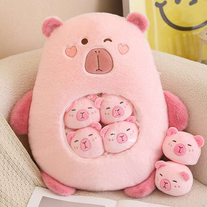 Pink capybara plushie bag with mini capybara toys
