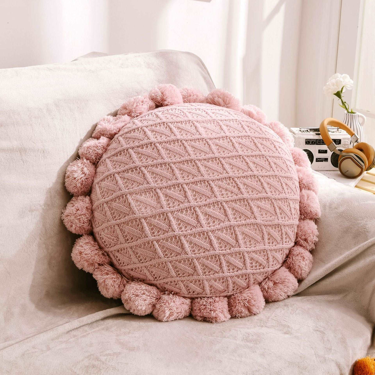 Pink round knitted ball cushion 50cm