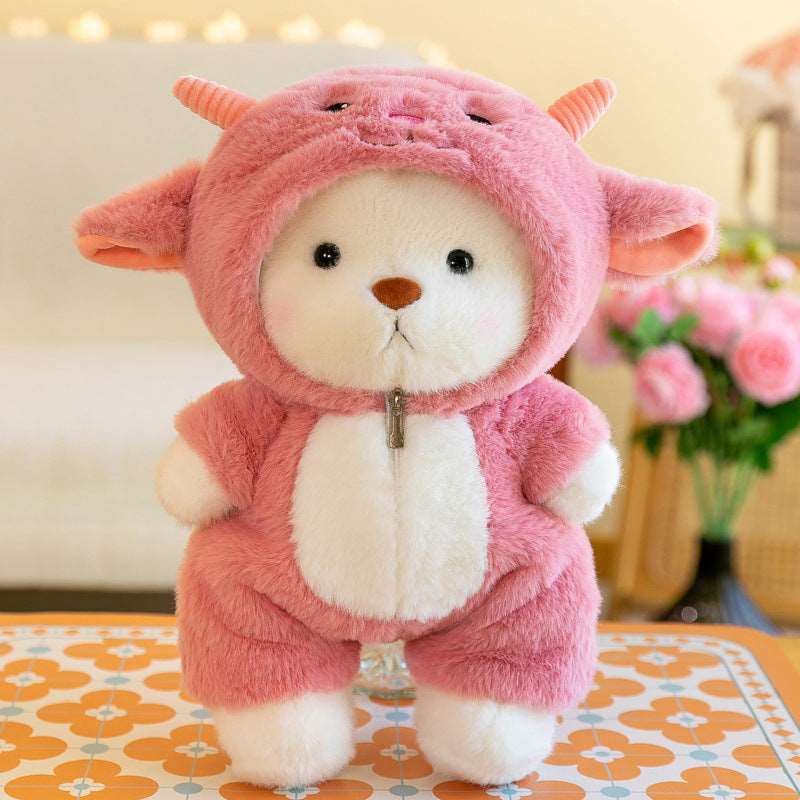 Soft bear plush toy with removable animal outfit
